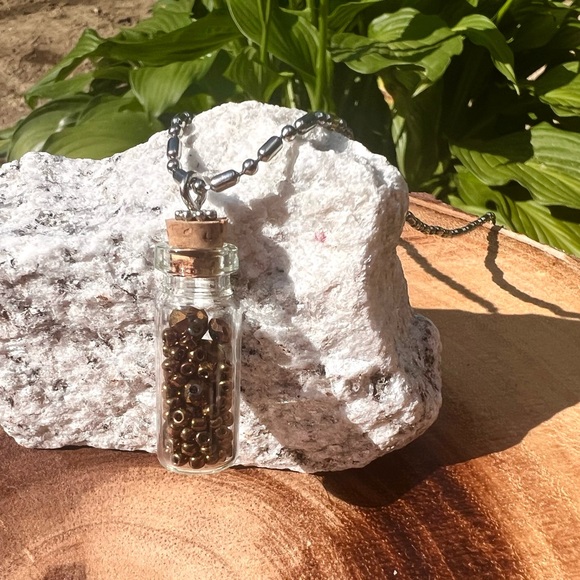 Glass Bottle Pendant Necklace with Brown Crystal Beads 18” Silver Tone Chain - Picture 3 of 8